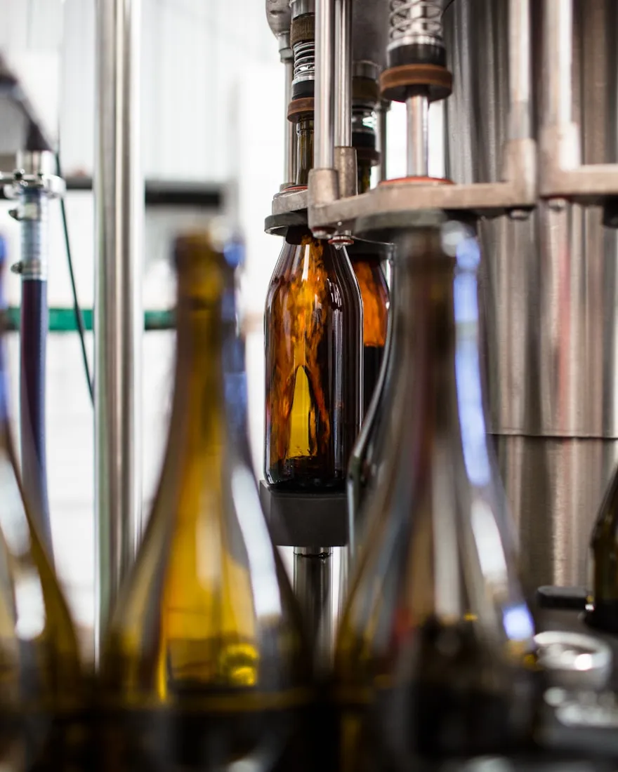Wine bottles moving through a bottling machine