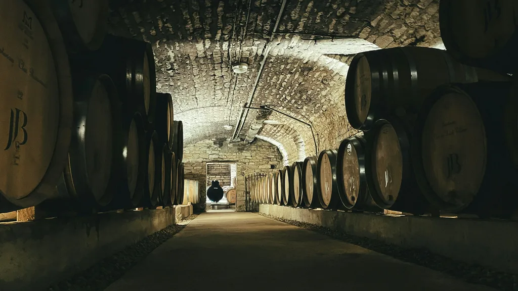 A cellar worker moving between rows of oak barrels during cellar operations